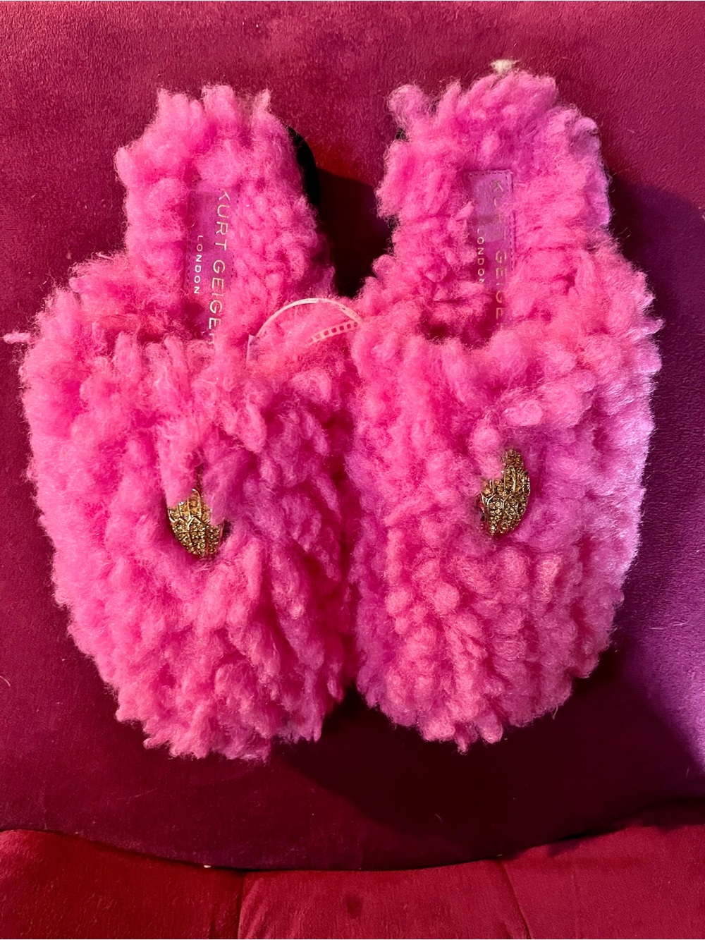Kurt Geiger London Kensington Fuchsia Pink Faux Fur Slippers Crystal Eagle US 8 - Picture 3 of 8